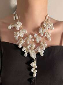 1pc Elegant Fashion Asymmetric Faux Pearl Layered Baroque Style Necklace For Women - Flower Necklace - View 7