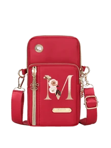 Women's Phone Pouch, Red Mini Crossbody Bag With Gold Floral & Alphabet A-Y Pattern Women's Vertical Coin Purse Sports Arm Sleeve/Running Wrist Pouch Mini Casual Crossbody Phone Bag With Earphone Hole Fashionable For White-Collar, Suitable For University, Work, Business, Commute, Office, Anniversary, Valentine's Day, Birthday, Mother's Day, Teacher's Day, Etc. - Red - View 20