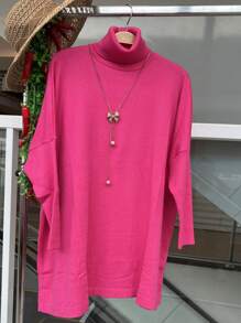 WOMEN'S HIGH NECK MODAL KNITTING PONCHO - 玫紅色 - 查看 4