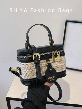 新款迷你撞色草编单肩斜跨盒包，时尚沙滩度假编织小方形手提包，适合夏季、度假和日常使用，可调节肩带