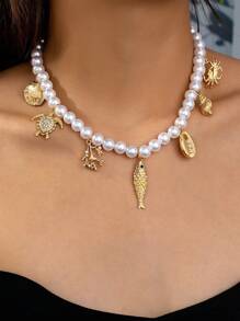 1 件海洋生物吊坠项链夏季波西米亚风仿珍珠串珠项链海龟珊瑚海星贝壳吊坠项链度假风格海滩珠宝