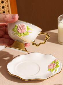 1 套陶瓷咖啡杯和碟，适用于家庭、厨房、餐厅、客厅，用于盛放茶、咖啡、牛奶、果汁，适用于户外、婚礼、派对、礼物、生日