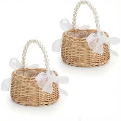 1pc Elegant Wicker Flower Girl Baskets With Pearl Handles & Ribbon Bows - Handcrafted Brown Rattan Wedding Baskets, Ideal For Flower Girls