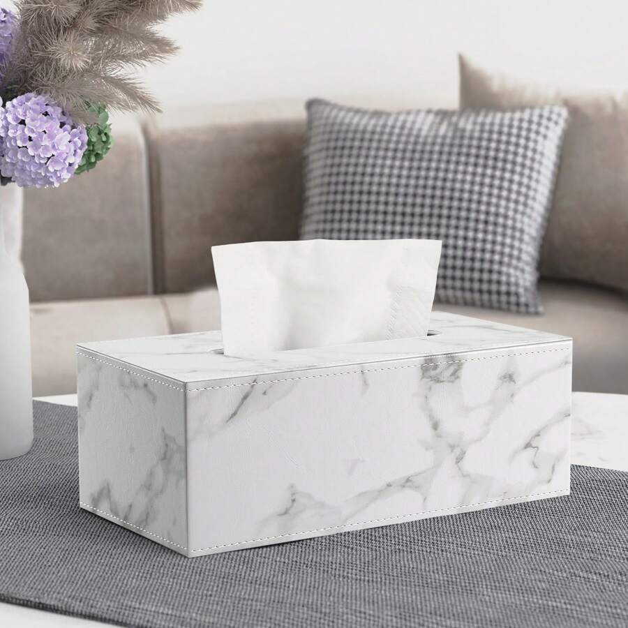 White Marble Texture Paper Towel Box, PU Leather With White Stitching Tissue Box Holder Bathroom Organizer Bathroom Decor Fall Decor Back To School - White Marble - View 1