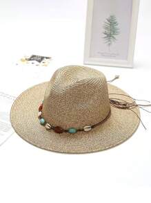 1 件夏季编织巴拿马帽，手工编织彩色装饰宽边西部牛仔帽，纯色波西米亚风天然草编防紫外线太阳帽，春夏 - A - 查看 2