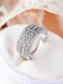 Luxury S925 Sterling Silver Wide Square Diamond Ring, Gift For Girlfriend, Wife Or Lover For Dating, Party, Daily Wear, Anniversary, Engagement, Wedding, Bride Premium Jewelry - Silver - View 4