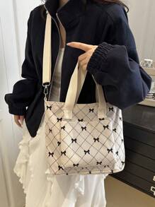 Fashionable Contrasting Color Full Body Bow Print Women's Crossbody Bag With Diamond Grid Side Pocket Shoulder Bag, Suitable For Shopping, Wallets, Shopping, Young Women, College Students, Newcomers, White-Collar Workers. They Are Very Suitable For Offices, Universities, Work, Business, Commuting, Outdoor Activities, Travel, And Outings