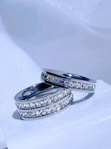 1pc Aço Inoxidável Estrelado Diamante Strass Decorado Moda Anéis, Resistente ao Desbotamento, Versátil para Homens e Mulheres, Casais - prata de círculo duplo - Ver 5