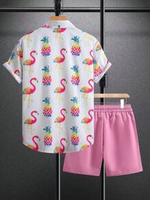 Pineapple & Flamingo Print Short Sleeve Shirt And Pink Shorts Set, Casual Summer