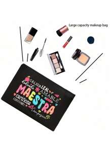 1pc/2pcs Maestra Letter Pattern Storage Bag, Black Linen Tote Bag And Makeup Bag, Teacher's Day Gift Bag, Gift For Teachers, Portable Shopping Bag,And Makeup Bag Lightweight Foldable Storage Bag Plus A Small Linen Cosmetic Bag - Black - View 7