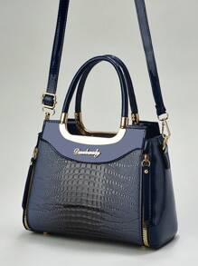 Solid Color Crocodile Embossed Square Handbag, Tote Bag, Classic Fashion Shoulder Bag, Ladies Textured Office Bag - Navy Blue - View 4