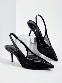 Fall/Winter Black Mesh Pointed Toe Strap Stiletto Heels, For Parties And Banquets, Summer, Elegant, Party - Black - View 1