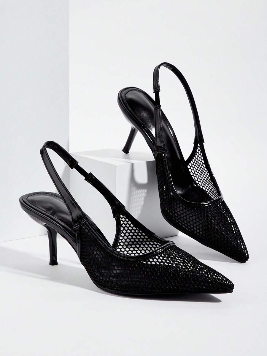 Fall/Winter Black Mesh Pointed Toe Strap Stiletto Heels, For Parties And Banquets, Summer, Elegant, Party - Black - View 1