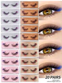 MAGEFY 20 Pairs Mix Colored Lashes Fluffy Faux Mink Lashes Lashes With Color On End Eyelashes, 14mm Dramatic Long Thick Cat Fox Eye Lashes Volume Full Curly False Eyelash Colorful Faux Mink Wispy Fluffy Long False Eyelashes Russian Strip D Curl Lash Strips - 彩色 - 查看 1