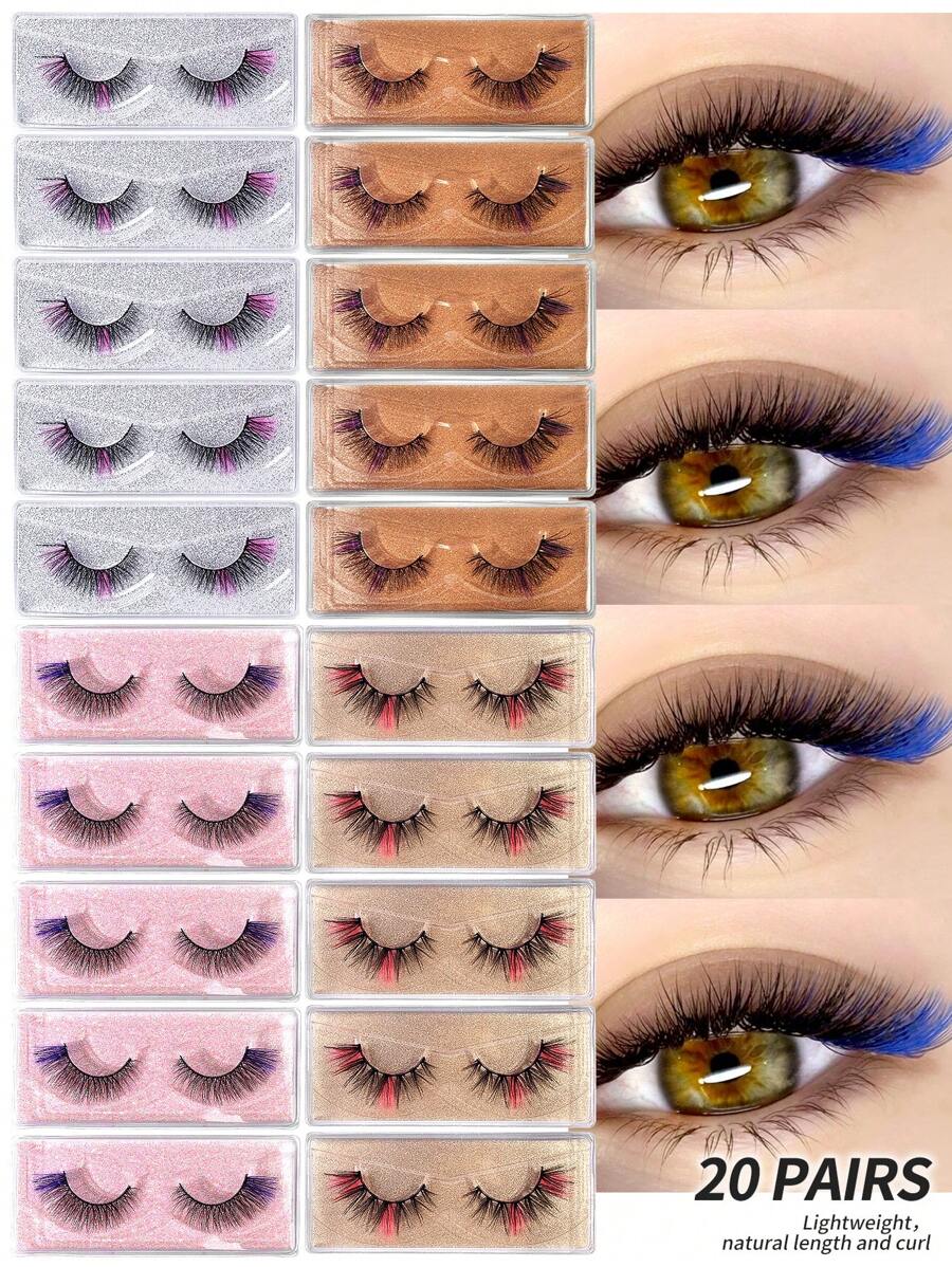 MAGEFY 20 Pairs Mix Colored Lashes Fluffy Faux Mink Lashes Lashes With Color On End Eyelashes, 14mm Dramatic Long Thick Cat Fox Eye Lashes Volume Full Curly False Eyelash Colorful Faux Mink Wispy Fluffy Long False Eyelashes Russian Strip D Curl Lash Strips - 彩色 - 查看 1