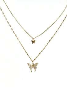 1pc Double Layer Gold Butterfly Necklace With Rhinestones, Alloy Material, Perfect Gift For Her - Gold - View 5