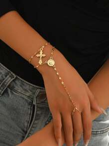 2 Pieces Set: Versatile Fashion Gold Religious Cross Pendant Bracelet With Classic Adjustable Finger Ring Chain Jewelry, Suitable For Daily Wear - Multicolor - View 2