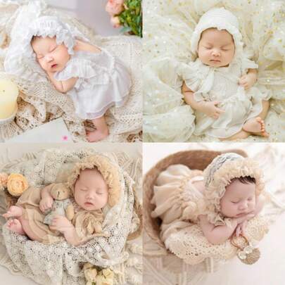 2 件套帽子 + 连衣裙婴儿新生儿摄影道具服装，婴儿成长纪念薄纱连衣裙