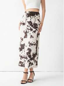 女装春季新品：动物图案印花通勤真丝缎质感竖款高腰半身裙 - 米色 - 查看 4