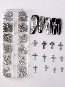 TSZS 12 槽盒装 120 件朋克 Y2K 暗黑风格混合合金组合美甲用品指甲饰品美甲宝石 - 灰色 - 查看 6