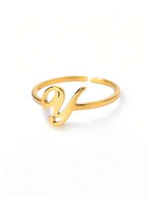 1 pieza Anillo abierto con letra, unisex, chapado en oro de 18K, diseño elegante, adecuado para bodas, Día de la Madre y otras ocasiones - amarillo dorado-2 - Ver 18