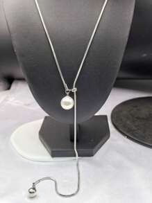 1pc Adjustable Y-Shaped Silver Necklace With Bright White Faux Pearl And Stainless Steel Snake Chain Pendant For Women