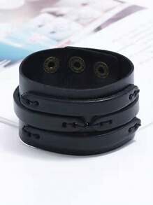 Black Punk Rock Style Layered Bracelet Wide PU Leather Wristband Bracelet - Adjustable, Edgy Fashion Punk Bracelet For Men Couples And Party - Black - View 5