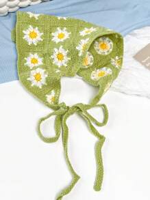 1pc Cute Crocheted Hollow Flower Decor Triangle Scarf, Style Hair Band Turban Headband Sweatband Fall Winter Hair Accessories For Women For Vacation Outfits Woman - Green - View 4