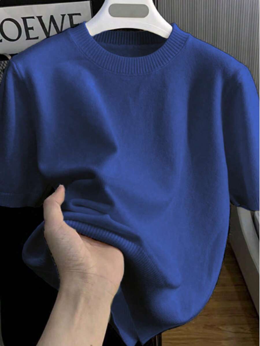 Áo chui đầu dệt kim tay ngắn màu trơn đa năng thường ngày cho nam - Màu xanh lam - Xem 1