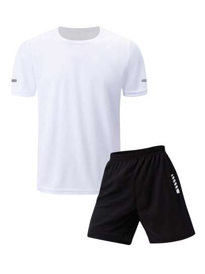 2 件套男士夏季短袖 T 恤和短裤套装，休闲运动圆领