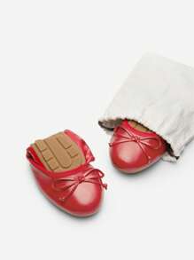 Women's Roll Up Flats, Bow Knot Ballet Flats For Women, Ladies' Foldable Round Toe Comfort Light Weight Slip-On Dress Shoes For Driving And Party And Wedding - Red - View 3