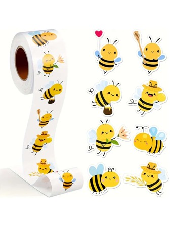 1卷可爱蜜蜂贴纸，适合用作礼物、装饰品和奖励。不对称形状，适合日常办公用品