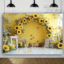 1pc Honeycomb Sunflower Party Backdrop, Multipurpose Party Banner, Including 1 Sunflower Arch And Honey Bees, Printed Photography Background, Holiday Christmas Wedding Tabletop Decor, No Power Required - 1 - View 3