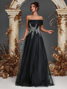 Women's Elegant Strapless Sequins Beads Black Formal Evening Gowns Dress, Beaded Gowns, Wedding Guest Dress Bridesmaid Dresses, For Dinner, Graduation, Festival, Homecoming, Wedding, Spring Summer Outfit, Party Dress, Formal Dress - Black - View 7
