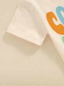 Camisetas de verano para niñas y niños, camisetas informales de cuello redondo y manga corta con estampado de letras, ropa de verano para niños pequeños - Beis - Ver 5