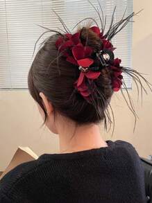 1 件羽毛花瓣装饰大发爪夹，时尚个性化女士发夹，适合宴会和派对 - 彩色 - 查看 2