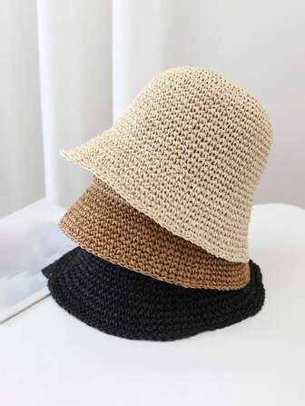 女士编织草编太阳帽 纯色沙滩遮阳帽 小檐渔夫帽（轻微色差属正常现象）