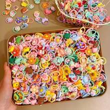 60-100pcs/Set Girls Cartoon Animal, Flower, Fruit Design Hair Bands, Hair Scrunchies, Korean Style Cute Mini Decorative Hair Accessories Set, Festival Gift Home Bathroom Decor Summer Back To School