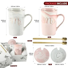 先生和夫人 14 盎司情侣马克杯套装，礼盒装，非常适合婚礼、周年纪念、母亲节、父亲节、伴娘或伴郎，蓝色和粉色返校