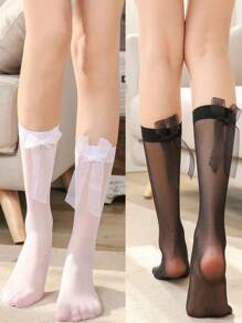 1 Pair Girls Leg Warmers With Bow Ribbon, Ultra-Thin Butterfly Knee High Socks, Autumn