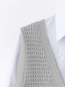 Plus Size Casual V Neck Random Print Pocket Knit Sweater Vest Dress Spring - Light Grey - View 4
