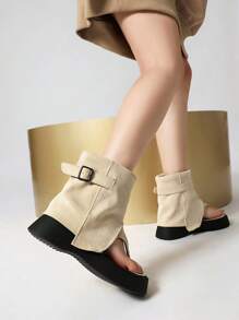 全新厚底人字拖凉鞋 女士高跟短靴 夏季性感踝靴 - 米色 - 查看 7