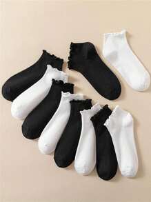 1/5/6/10 Pairs Of Ladies' Black And White Pleated Decorative Casual Socks, Comfortable And Soft Socks Suitable For Daily Life - Multicolor - View 7