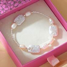 Baroque Pearl Bracelet, 925 Silver Natural Irregularity Pearl Bracelet In Gift Box, Unique Eye-Catching Accessory For Party/Date, Exquisite Pink Gift Box - Perfect Jewelry Gift For Her