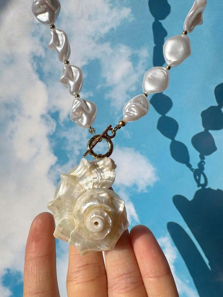1 pieza Collar con colgante de concha marina grande natural de perla barroca asimétrica blanca, joyería de playa simple y versátil, accesorio de verano elegante perfecto para mujeres - Multicolor - Añade 8