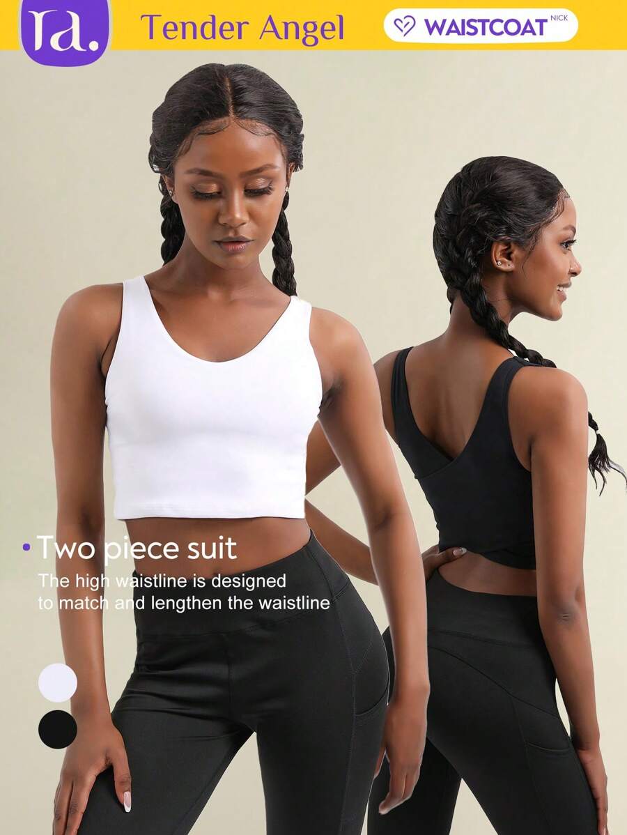 Tender Angel 女士 2 件套运动文胸套装、镂空运动上衣、瑜伽运动服短款背心黑白组合 - 彩色 - 查看 1