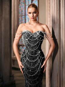 LUVISTRUE Ethereal Pearl Decor Formal Dress, Women Sequin Evening Gown, Suitable For Graduation, Prom, Birthday Party, Gala, Cocktail Party, Concert, Awards Ceremony, One-Shoulder Floor-Length Dress - Black - View 6