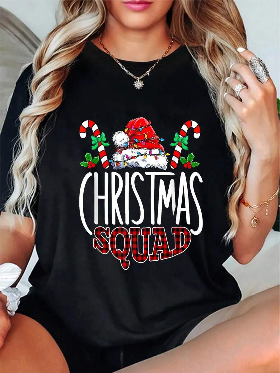 Christmas Family Matching T-Shirt - 100% Holiday Pajama Party Tee With Festive Santa Hat & Candy Cane Design, Black, Christmas Shirts