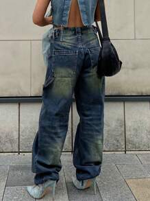 High Waist Casual Distressed Y2K Loose Cargo Pants - Dark Wash - View 2