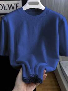 Áo chui đầu dệt kim tay ngắn màu trơn đa năng thường ngày cho nam - Màu xanh lam - Xem 2